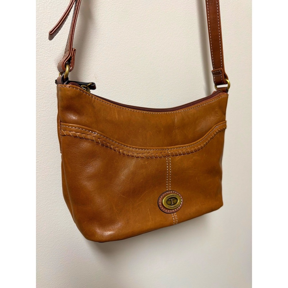 Tignanello Leather Crossbody Bag Brown Small Hobo Shoulder Purse RFID Brass Logo - Picture 3 of 16